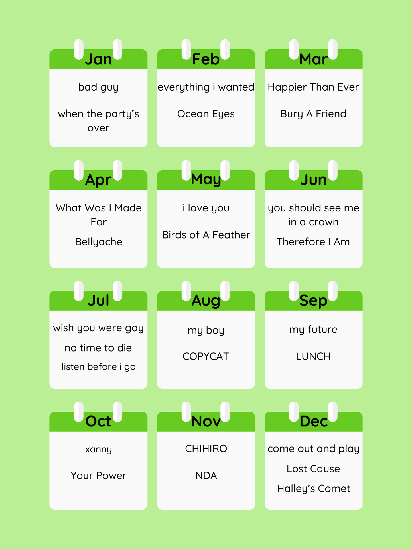 Billie Eilish Piano Calendar 2026